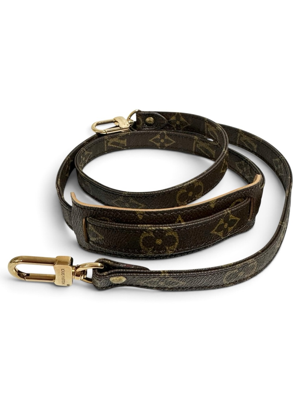 Louis Vuitton Monogram Leather & Gold Engraved 47” Shoulder Crossbody Strap